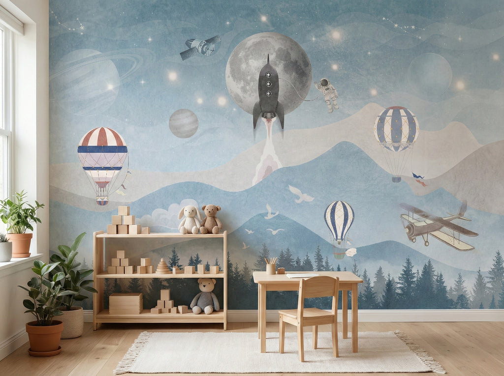 Blue Mountains, Rocket & Balloons wallpaper in a styled room, view 2