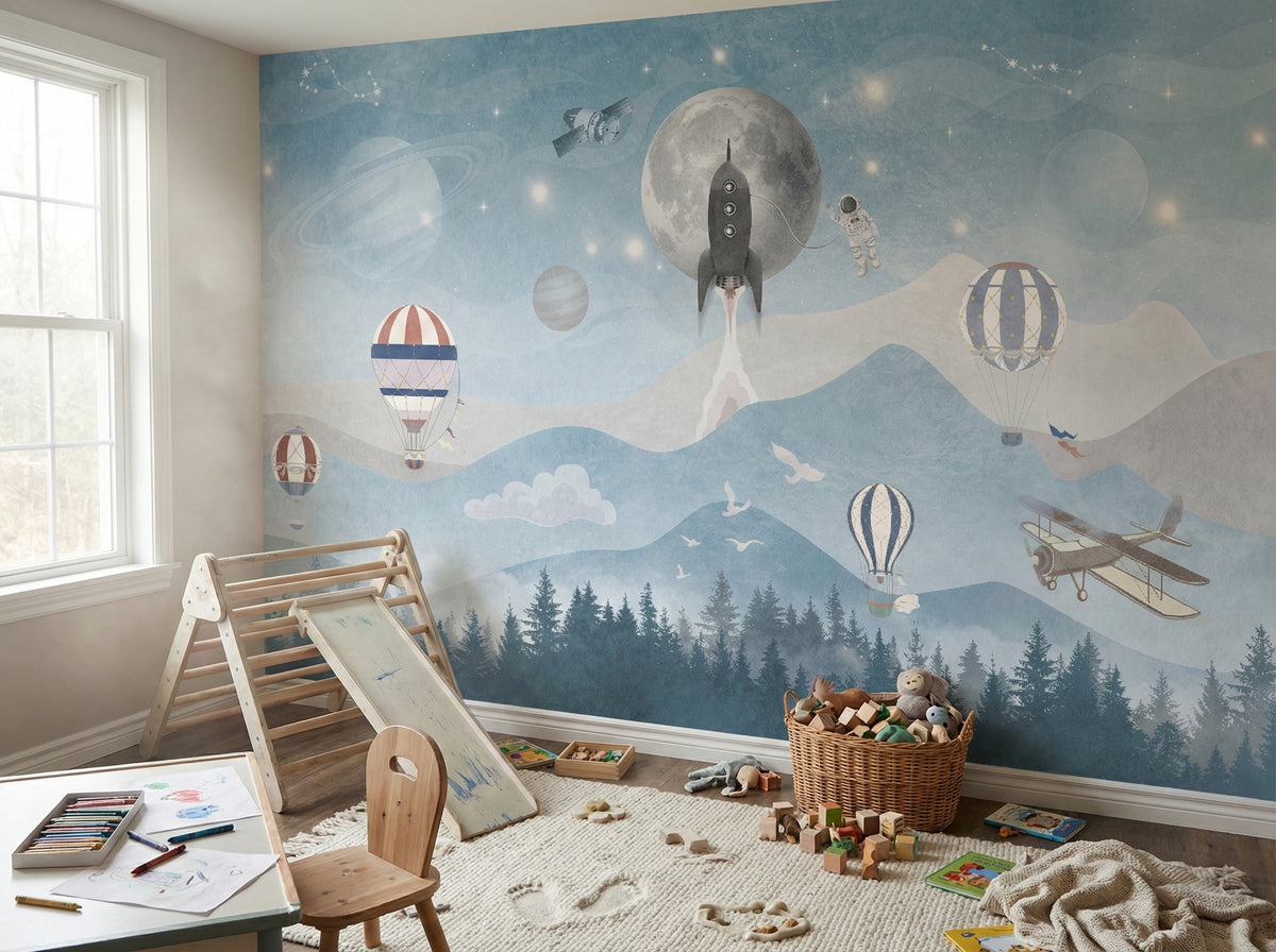 Blue Mountains, Rocket & Balloons wallpaper in a styled room, view 3