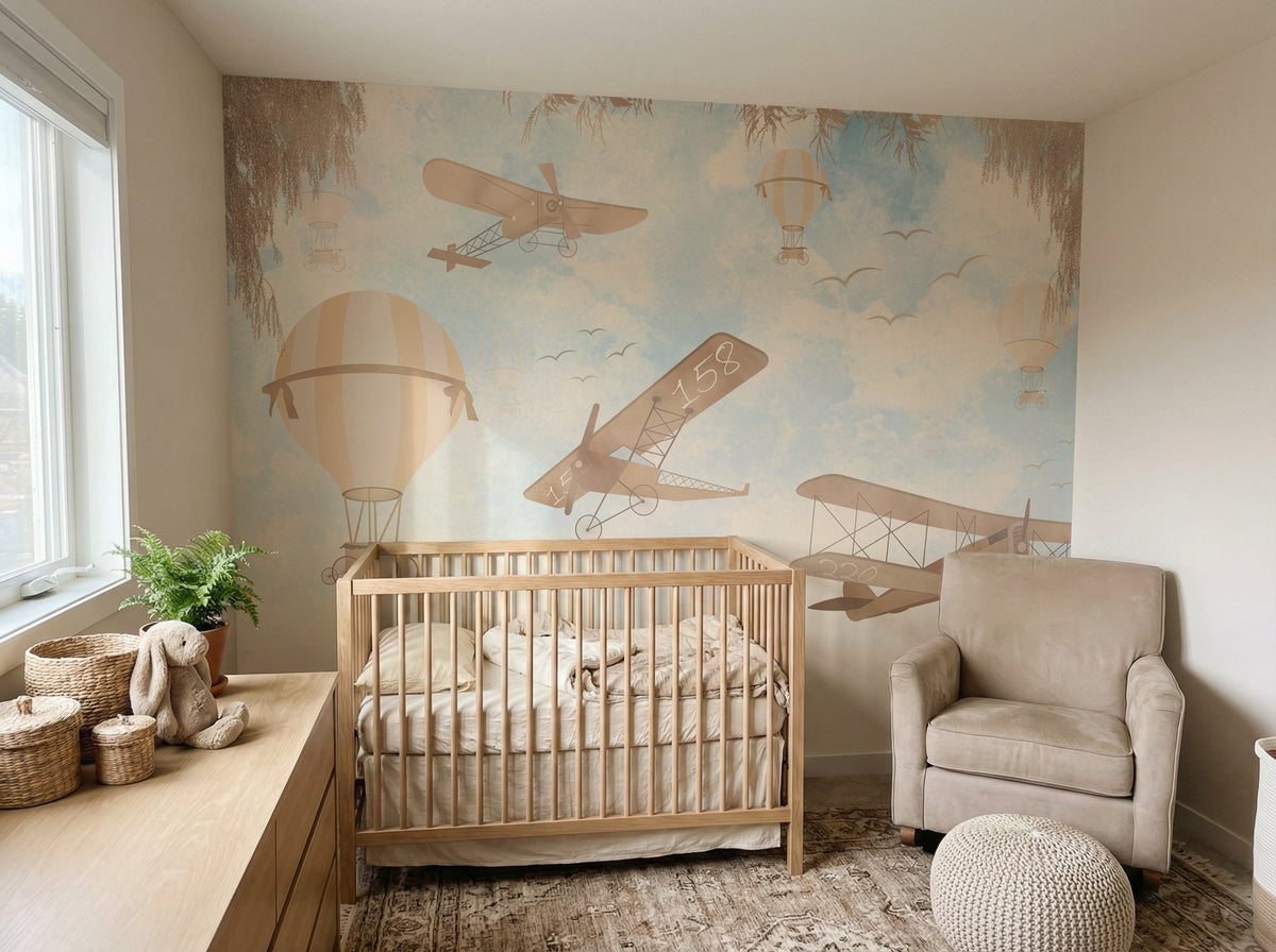 Vintage Airplanes & Hot Air Balloons wallpaper in a styled room, view 1