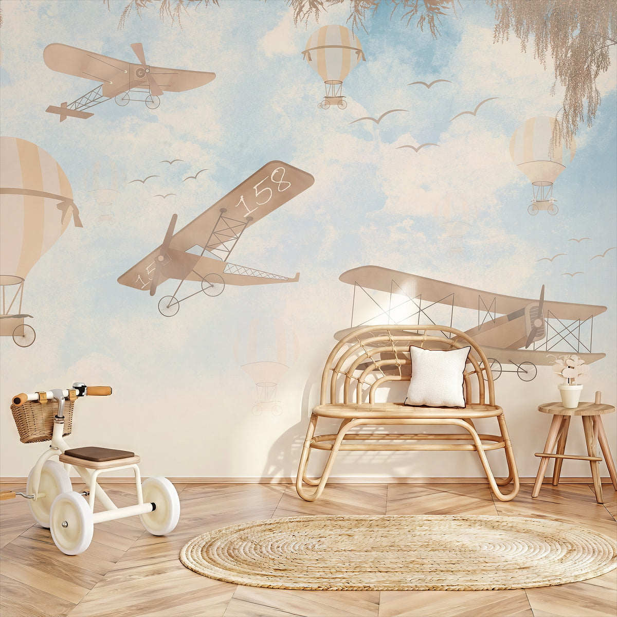 Vintage Airplanes & Hot Air Balloons wallpaper in a styled room, view 3