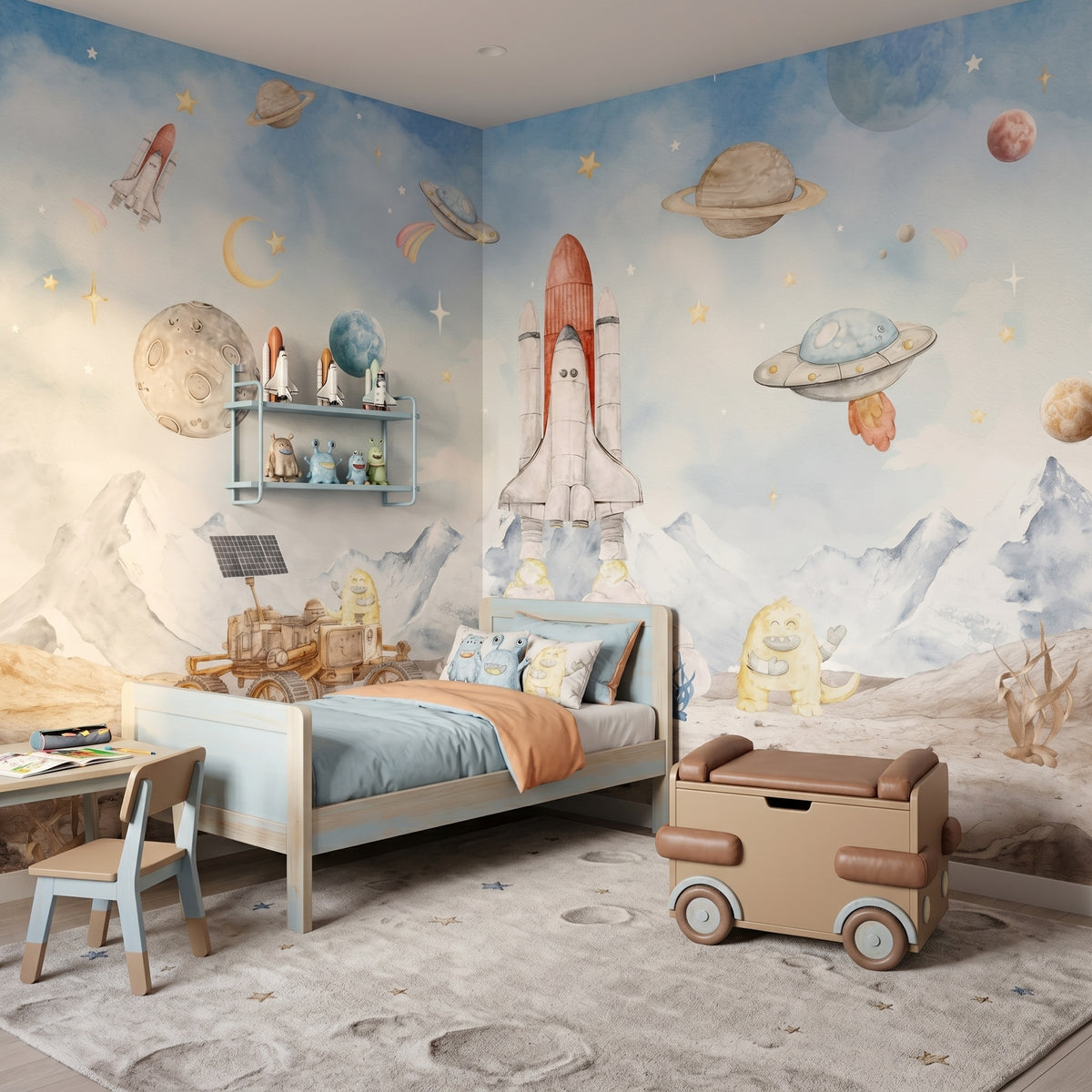 Space Rockets, Planets & Robots wallpaper in a styled room, view 2