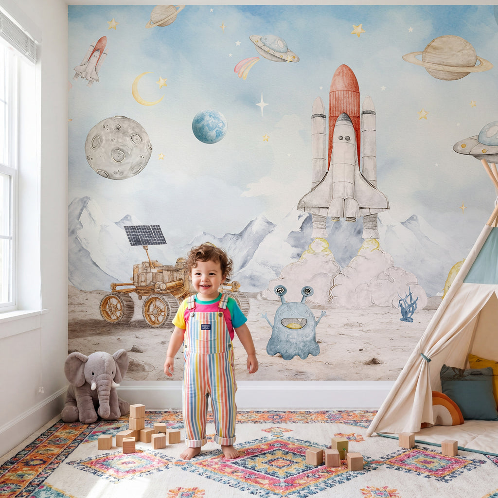 Space Rockets, Planets & Robots wallpaper in a styled room, view 3