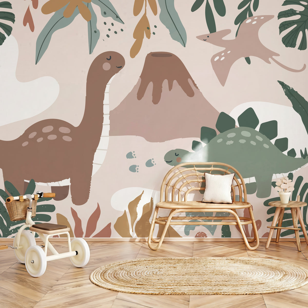 Pastel Dinosaurs & Volcano wallpaper in a styled room, view 1