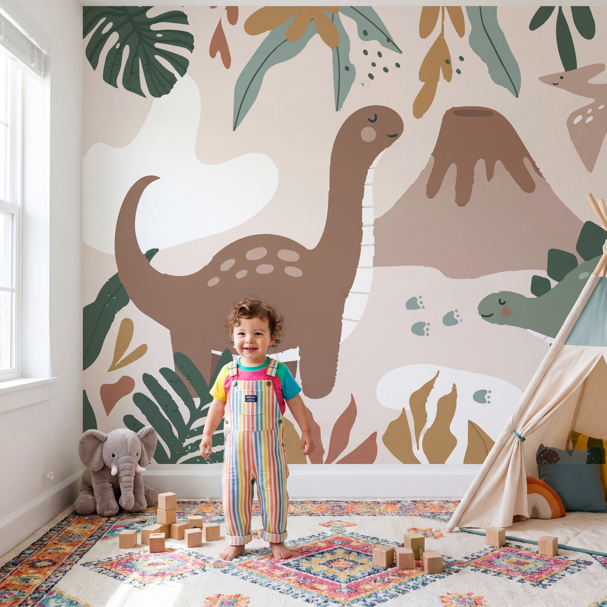Pastel Dinosaurs & Volcano wallpaper in a styled room, view 2