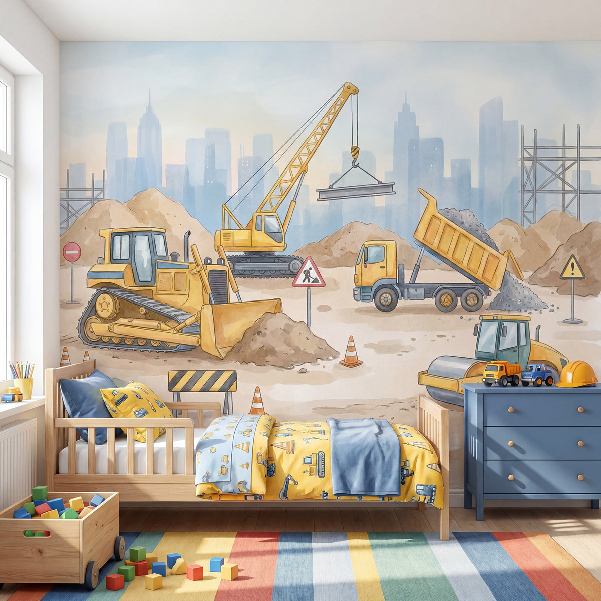 Yellow Construction Trucks & Cranes Wall Mural in a styled room