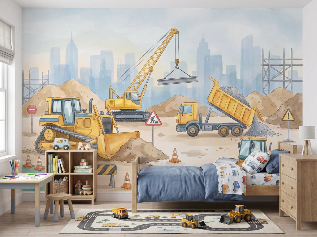 Yellow Construction Trucks & Cranes wallpaper in a styled room, view 2