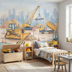 Yellow Construction Trucks & Cranes wallpaper in a styled room, view 3