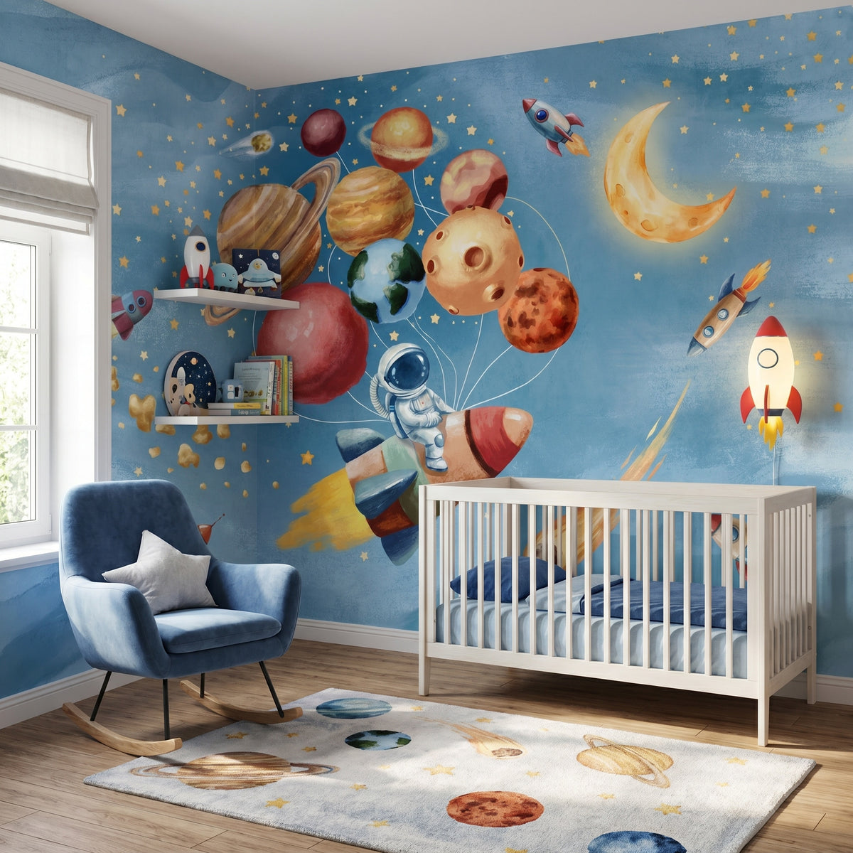Planet Balloons & Astronaut wallpaper in a styled room, view 1