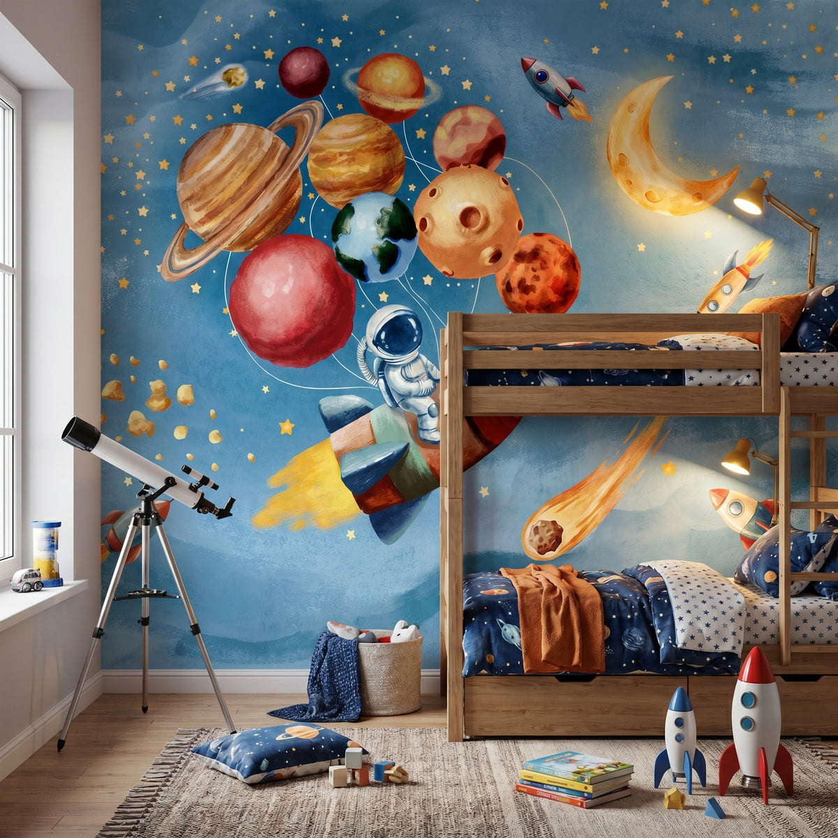 Planet Balloons & Astronaut wallpaper in a styled room, view 2