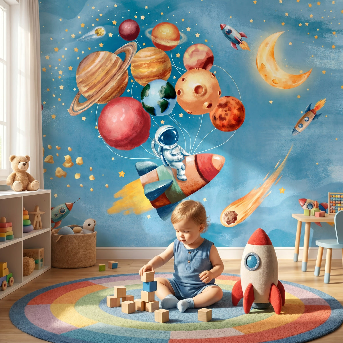 Planet Balloons & Astronaut wallpaper in a styled room, view 3