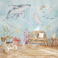 Blue Whales & Coral Reef wallpaper in a styled room, view 1