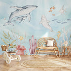 Blue Whales & Coral Reef wallpaper in a styled room, view 1