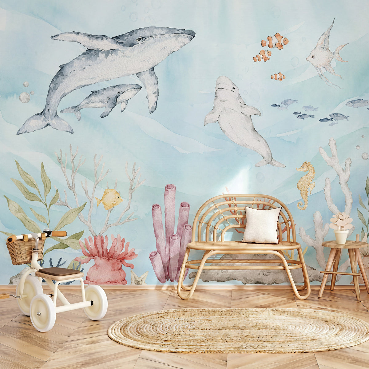 Blue Whales & Coral Reef wallpaper in a styled room, view 1