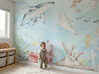 Blue Whales & Coral Reef wallpaper in a styled room, view 2