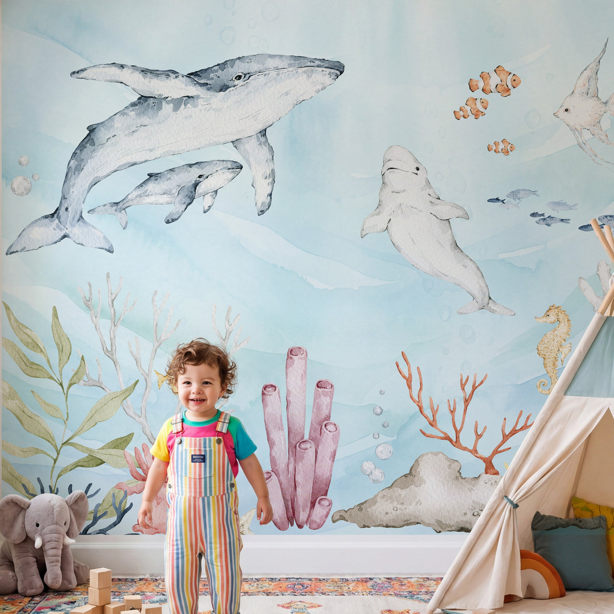Blue Whales & Coral Reef wallpaper in a styled room, view 3