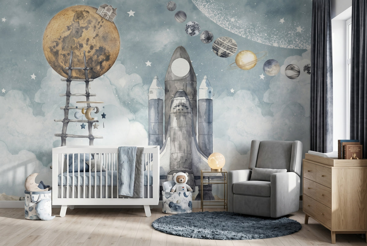 Stairway to the Moon & Space Shuttle wallpaper in a styled room, view 1