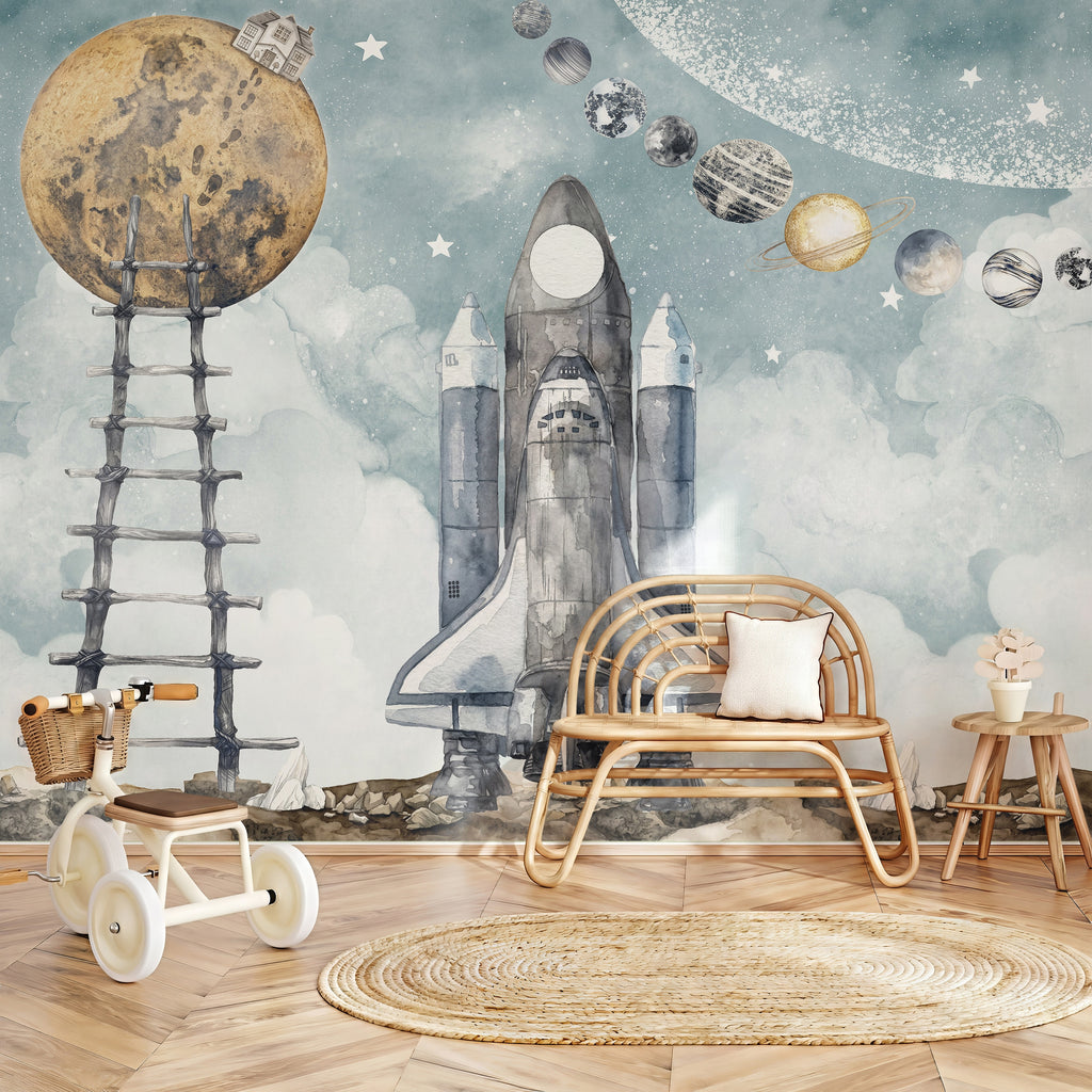 Stairway to the Moon & Space Shuttle wallpaper in a styled room, view 2