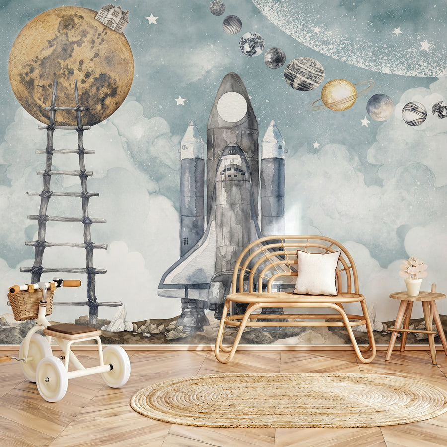 Stairway to the Moon & Space Shuttle wallpaper in a styled room, view 2