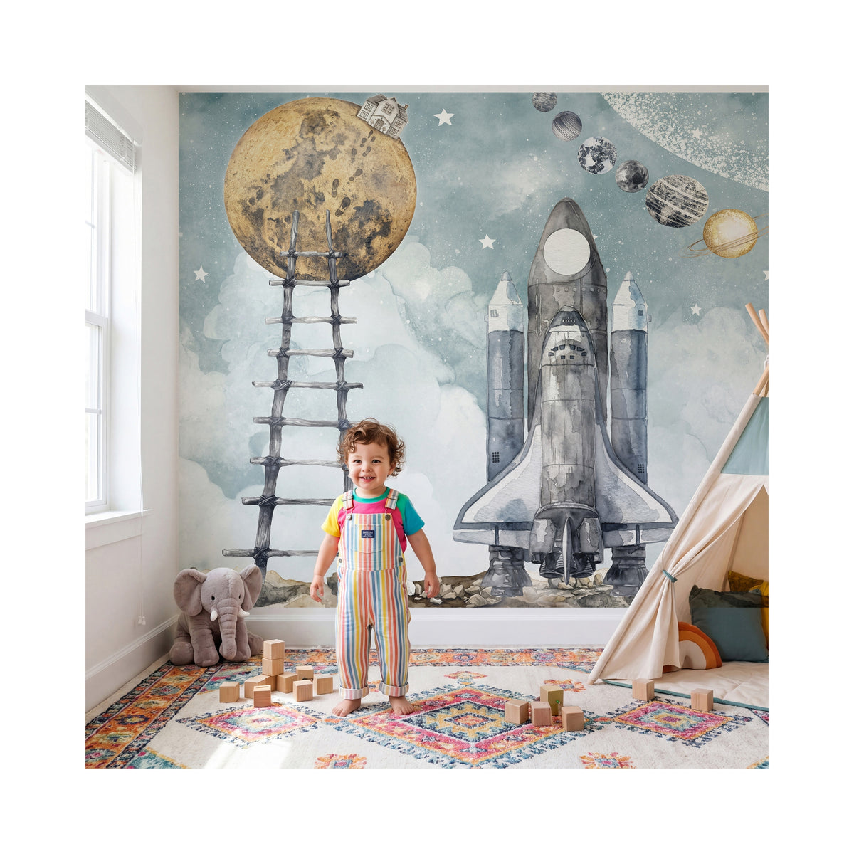 Stairway to the Moon & Space Shuttle wallpaper in a styled room, view 3