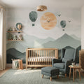 Green Mountains, Sun & Balloons wallpaper in a styled room, view 1