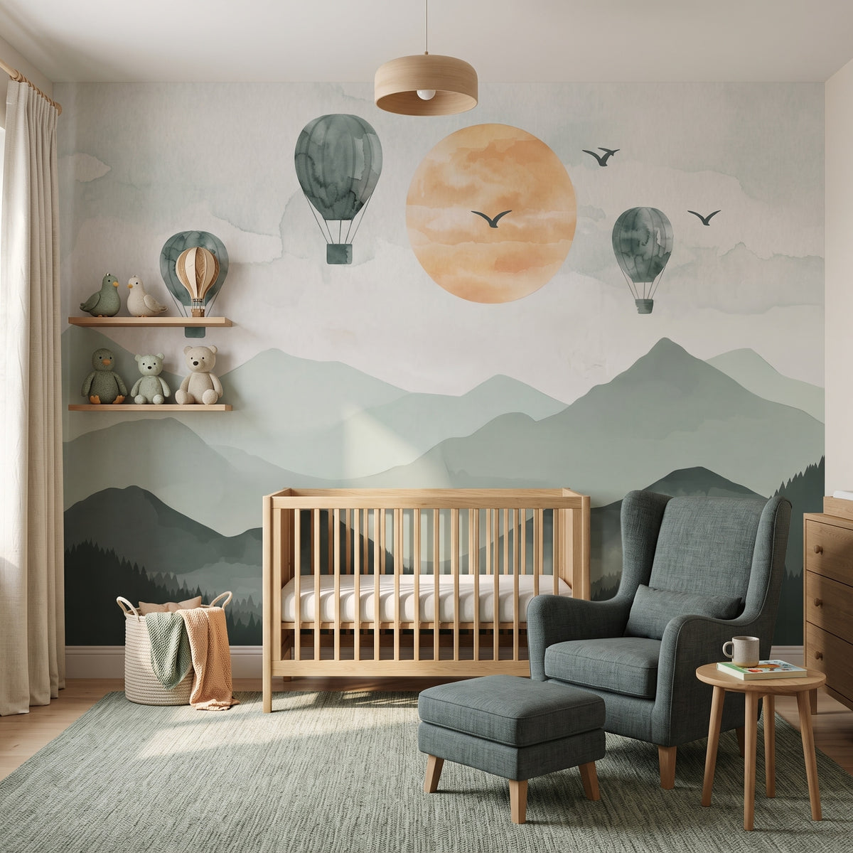 Green Mountains, Sun & Balloons wallpaper in a styled room, view 1
