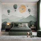 Green Mountains, Sun & Balloons wallpaper in a styled room, view 2