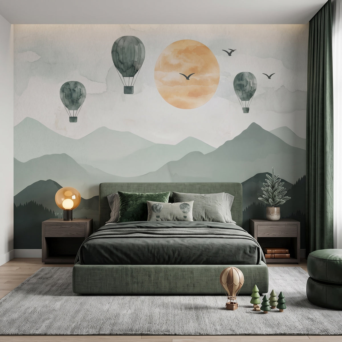 Green Mountains, Sun & Balloons wallpaper in a styled room, view 2