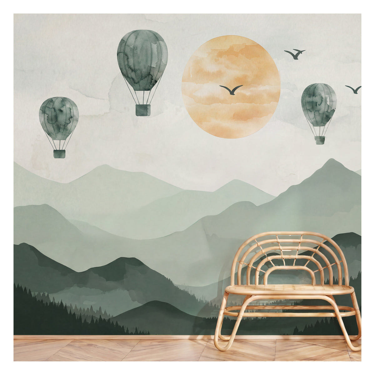 Green Mountains, Sun & Balloons wallpaper in a styled room, view 3