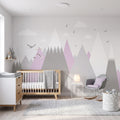 Gray & Lilac Geometric Mountains wallpaper in a styled room, view 1