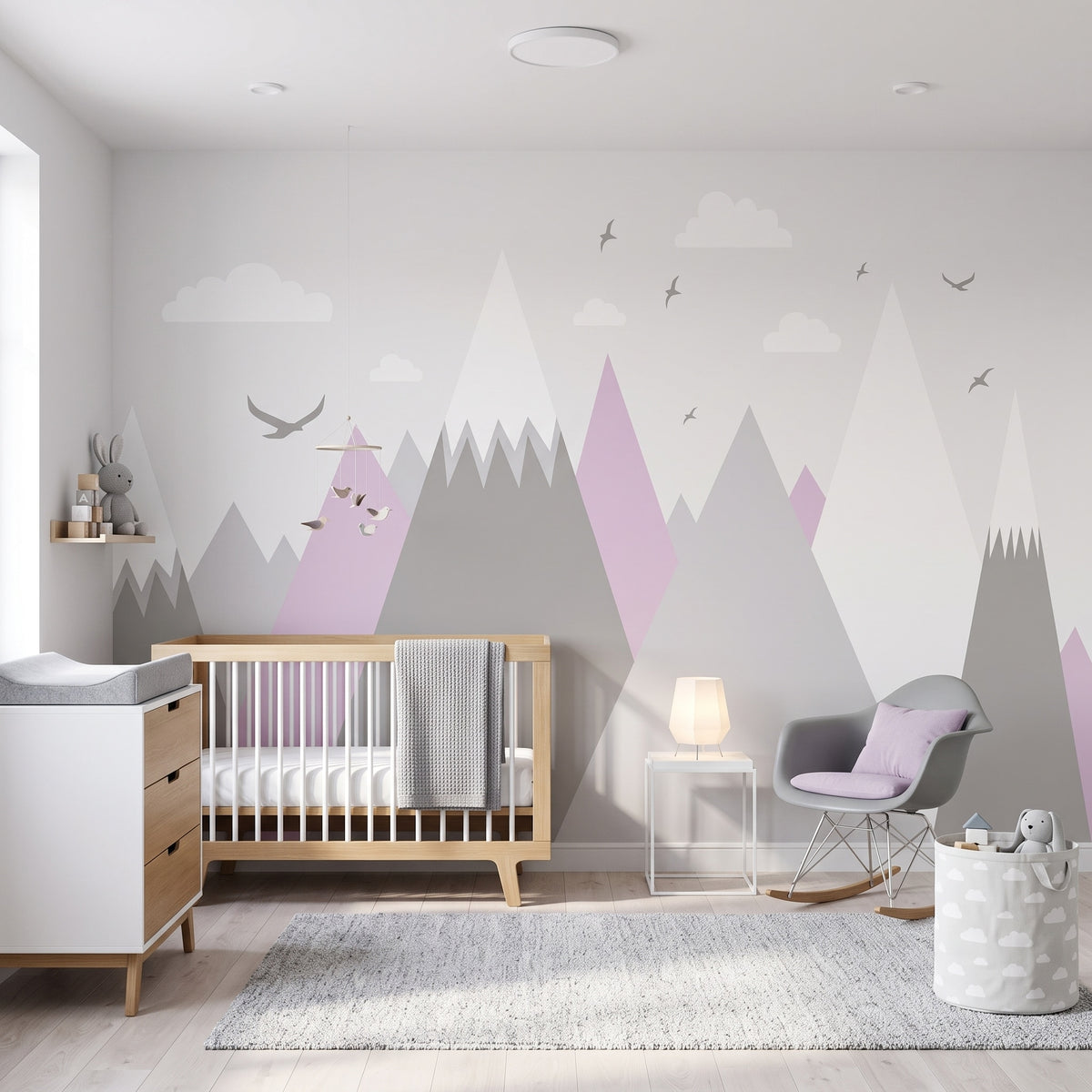 Gray & Lilac Geometric Mountains Wall Mural in a styled room