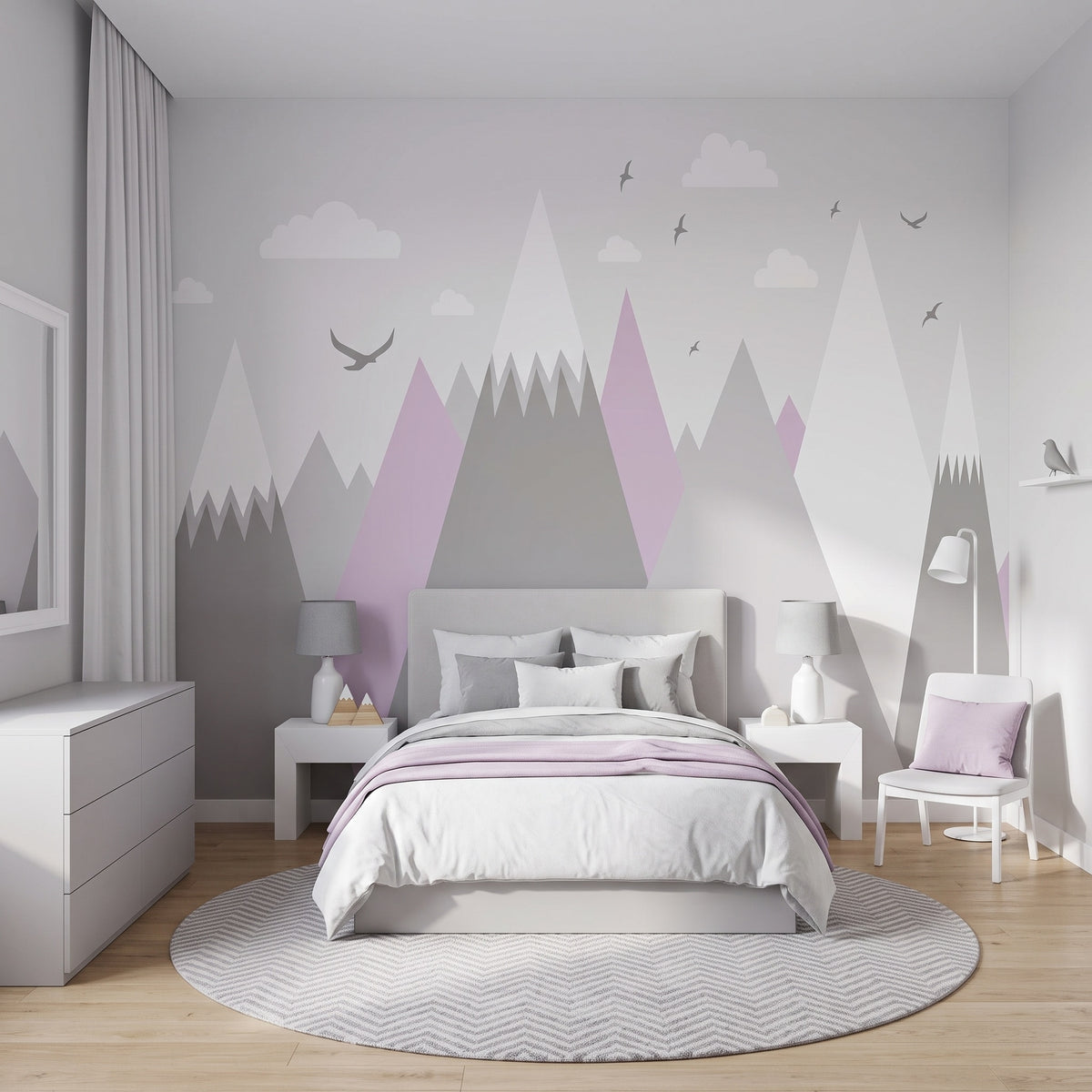 Gray & Lilac Geometric Mountains wallpaper in a styled room, view 2
