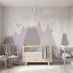 Gray & Lilac Geometric Mountains wallpaper in a styled room, view 3