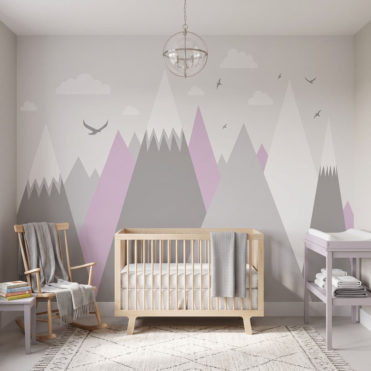 Gray & Lilac Geometric Mountains wallpaper in a styled room, view 3
