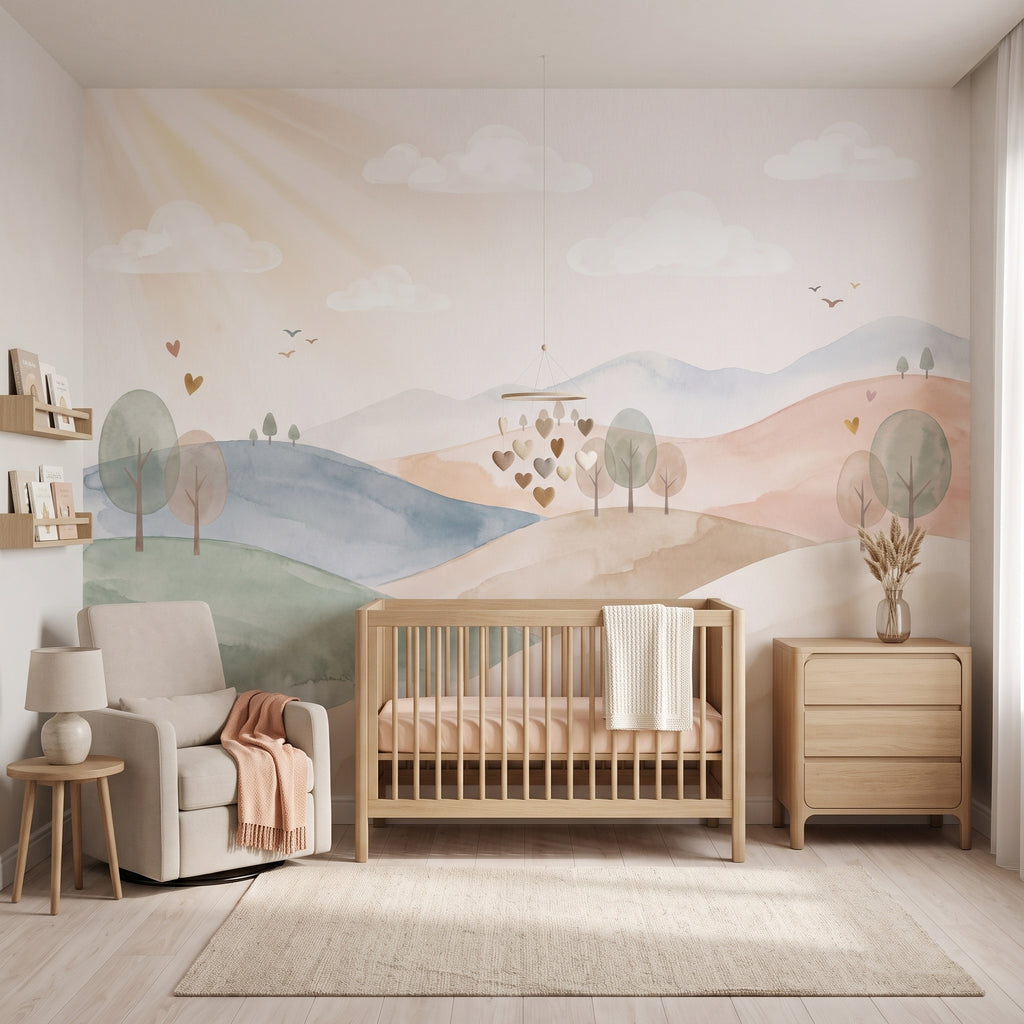 Pastel Hills, Sun & Trees wallpaper in a styled room, view 1