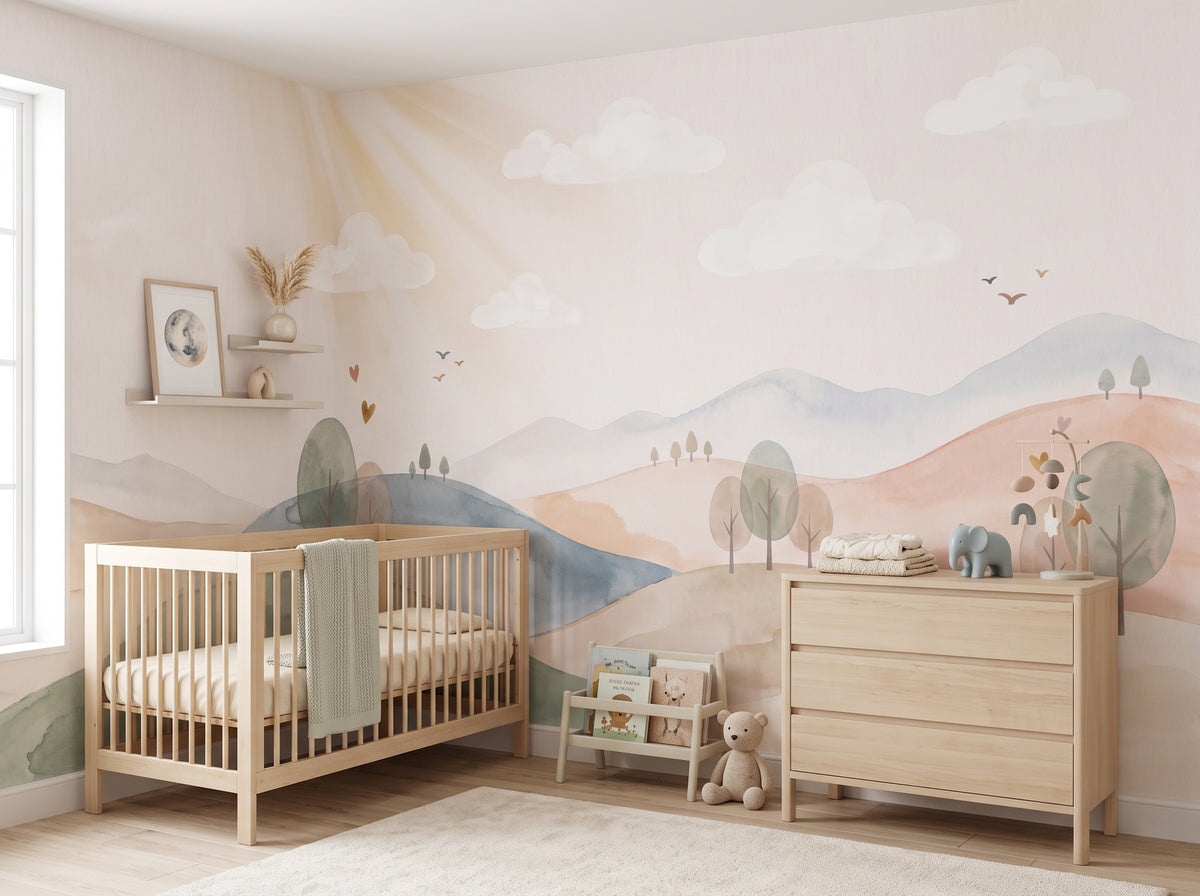 Pastel Hills, Sun & Trees wallpaper in a styled room, view 2