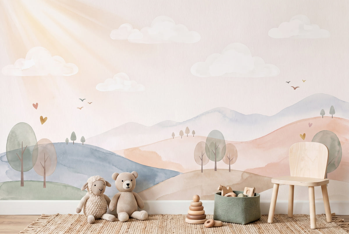Pastel Hills, Sun & Trees wallpaper in a styled room, view 3