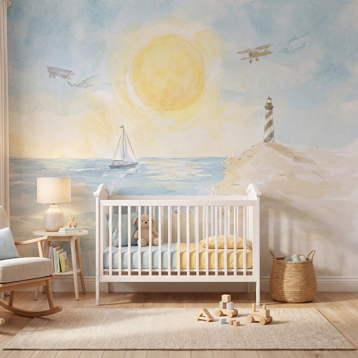 Sunny Coast, Sailboats & Lighthouse wallpaper in a styled room, view 1