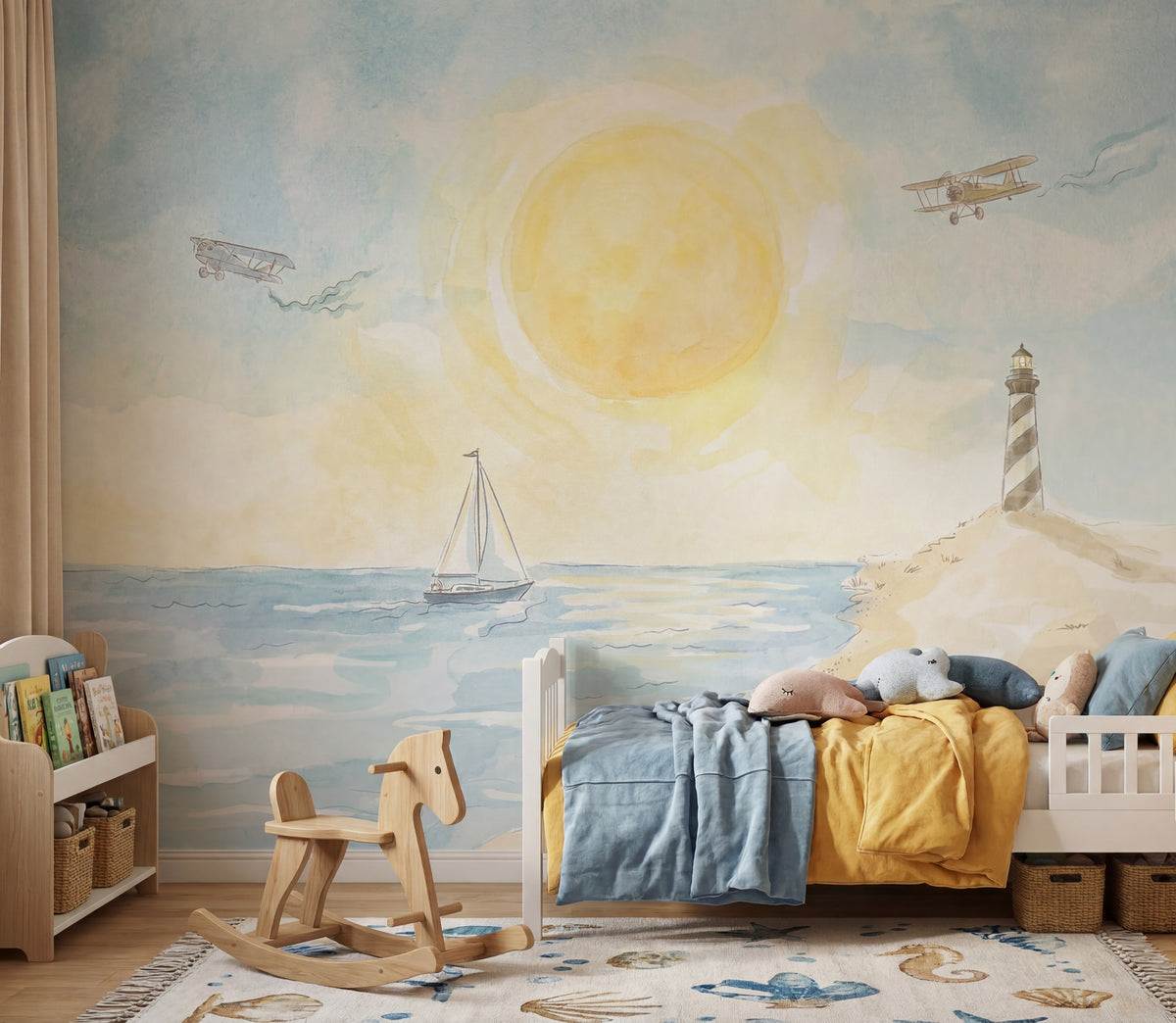 Sunny Coast, Sailboats & Lighthouse wallpaper in a styled room, view 2