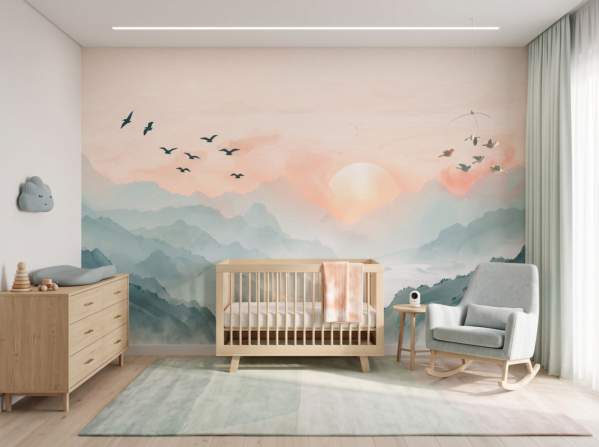Pastel Sunrise Mountains & Birds wallpaper in a styled room, view 1