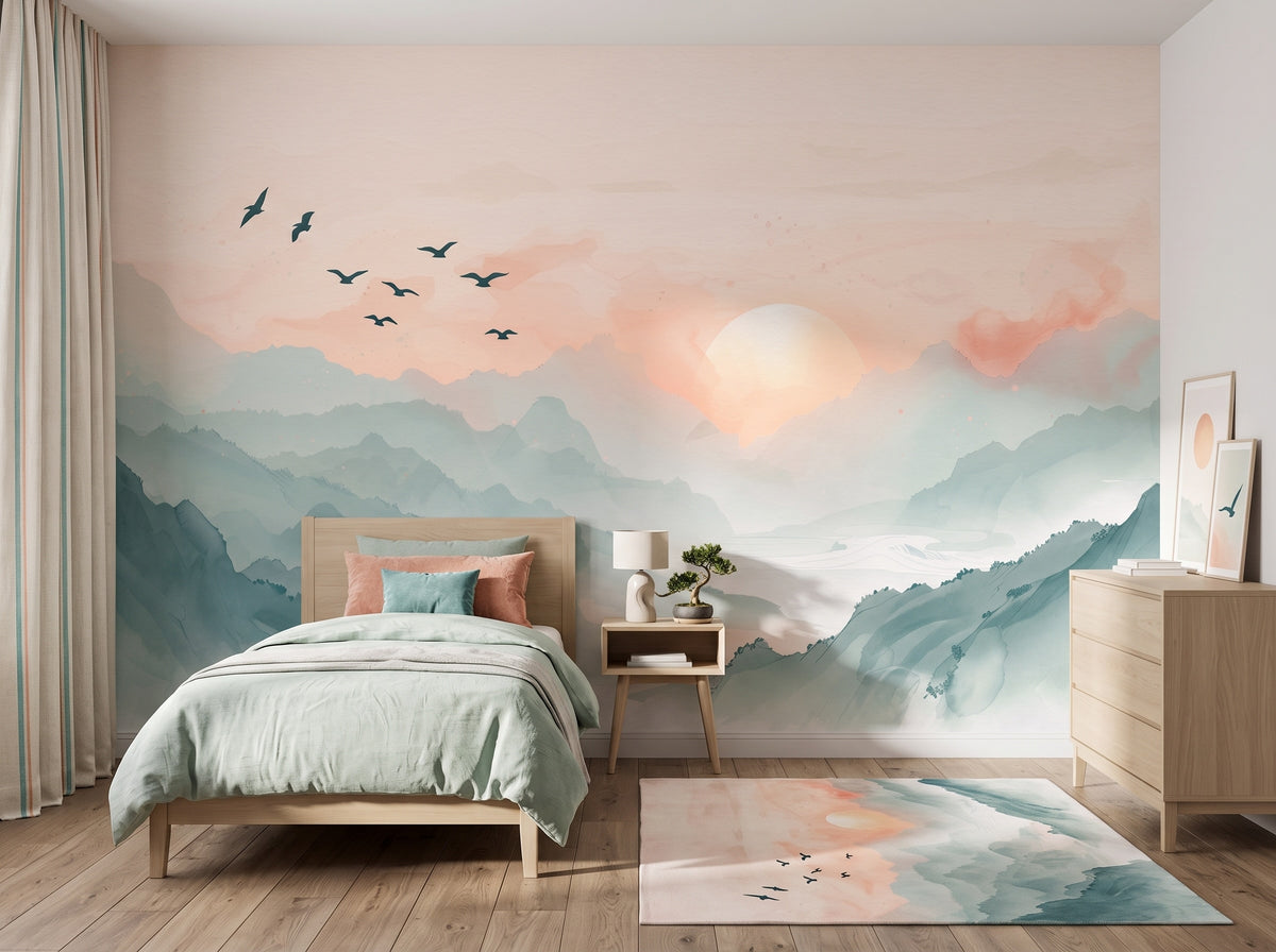 Pastel Sunrise Mountains & Birds wallpaper in a styled room, view 2