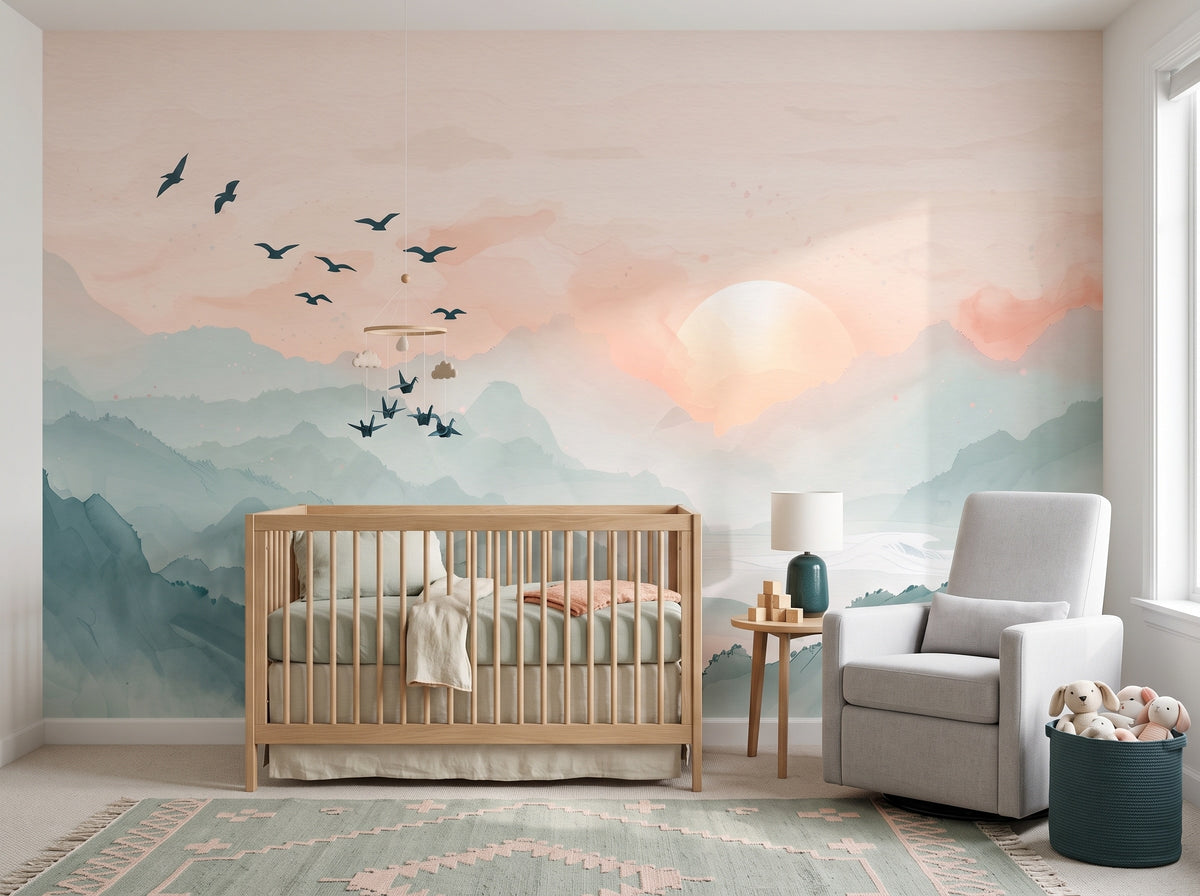 Pastel Sunrise Mountains & Birds wallpaper in a styled room, view 3