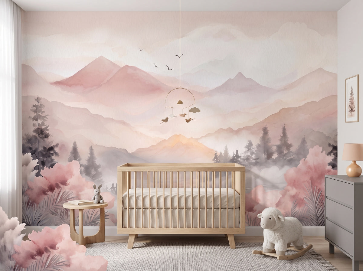 Blush Mountains & Misty Forest wallpaper in a styled room, view 1