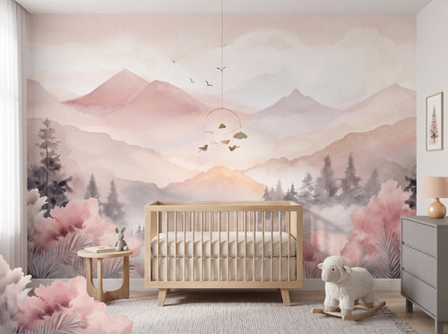 Blush Mountains & Misty Forest wallpaper in a styled room, view 1