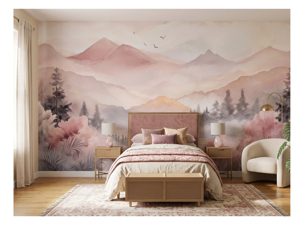 Blush Mountains & Misty Forest wallpaper in a styled room, view 2