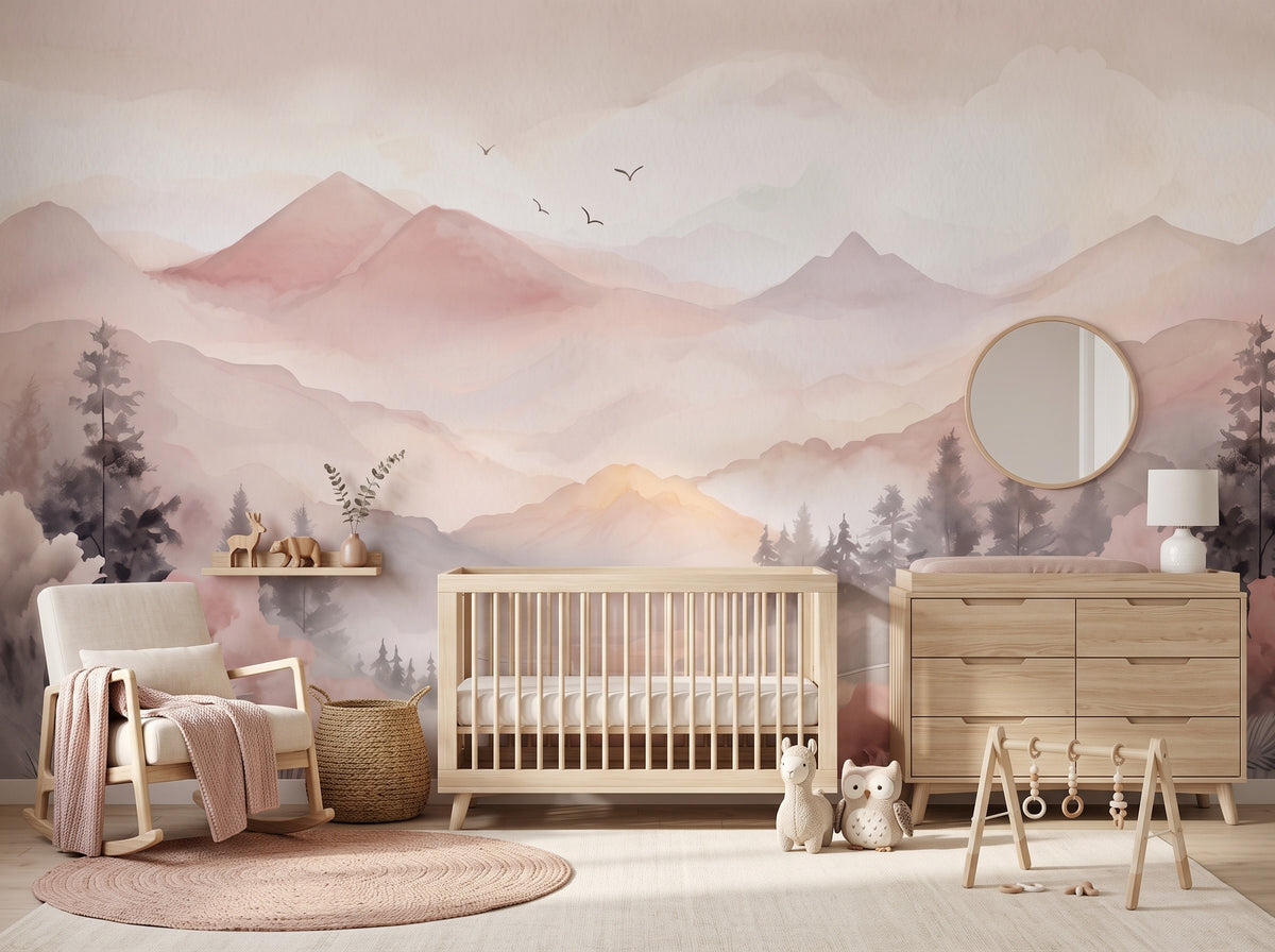 Blush Mountains & Misty Forest wallpaper in a styled room, view 3
