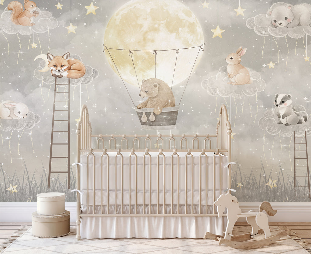Moon Balloon & Woodland Friends wallpaper in a styled room, view 2