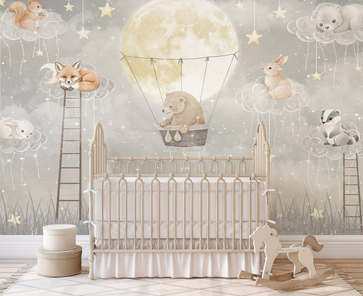Moon Balloon & Woodland Friends wallpaper in a styled room, view 2
