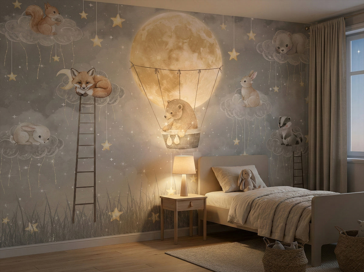 Moon Balloon & Woodland Friends wallpaper in a styled room, view 3