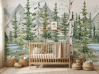 Pine & Birch Forest Lake wallpaper in a styled room, view 1