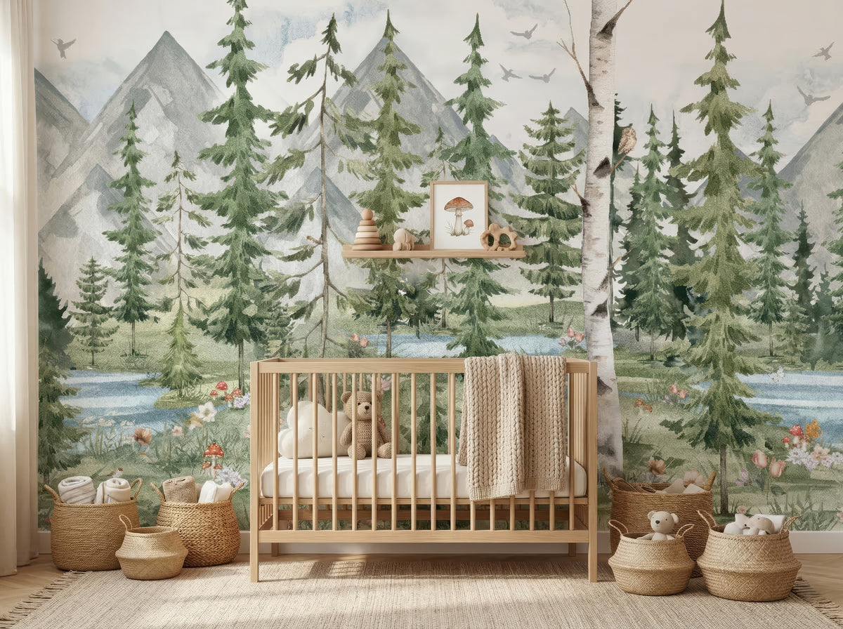 Pine & Birch Forest Lake wallpaper in a styled room, view 1